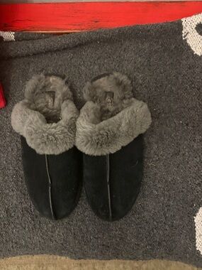 UGG Black Suede Slippers with Gray Shearling Cuff